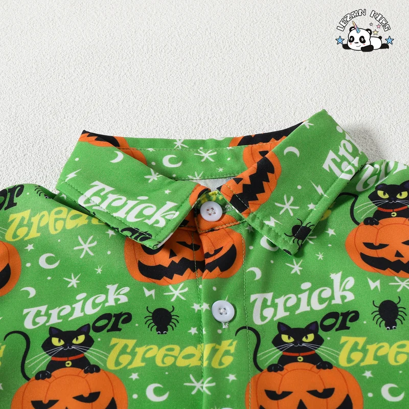 LEZONKIDS - Fashion New Kids Halloween Costumes 2023 Summer Boys Short Sleeve Pumpkin Printed Shirt Shorts 2 Piece Set